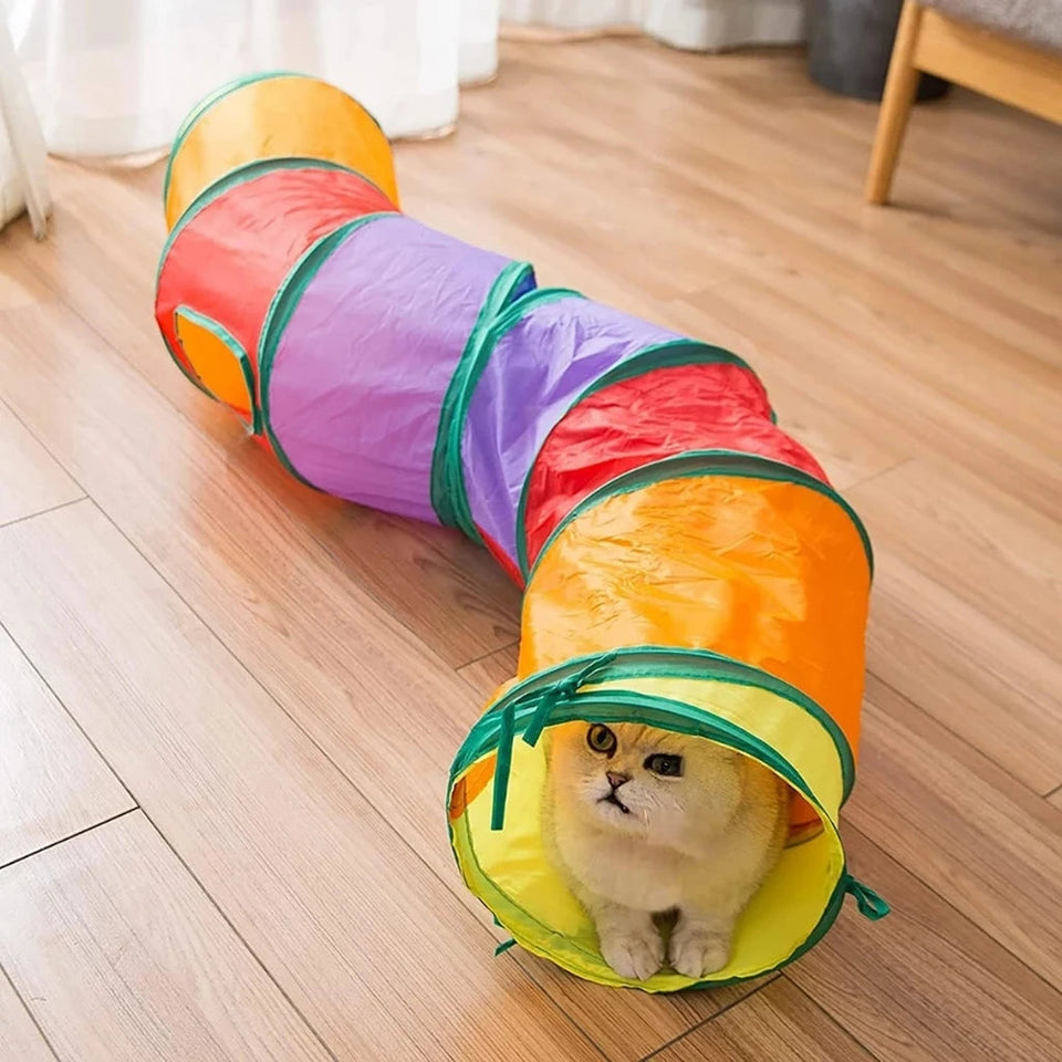 Gato branco dentro de um túnel labirinto dobrável e colorido da Decoricasa, feito de tecido leve e resistente.