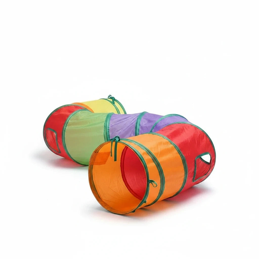 Túnel labirinto dobrável e colorido para gatos Decoricasa, ideal para estimular o instinto de caça e brincadeiras.