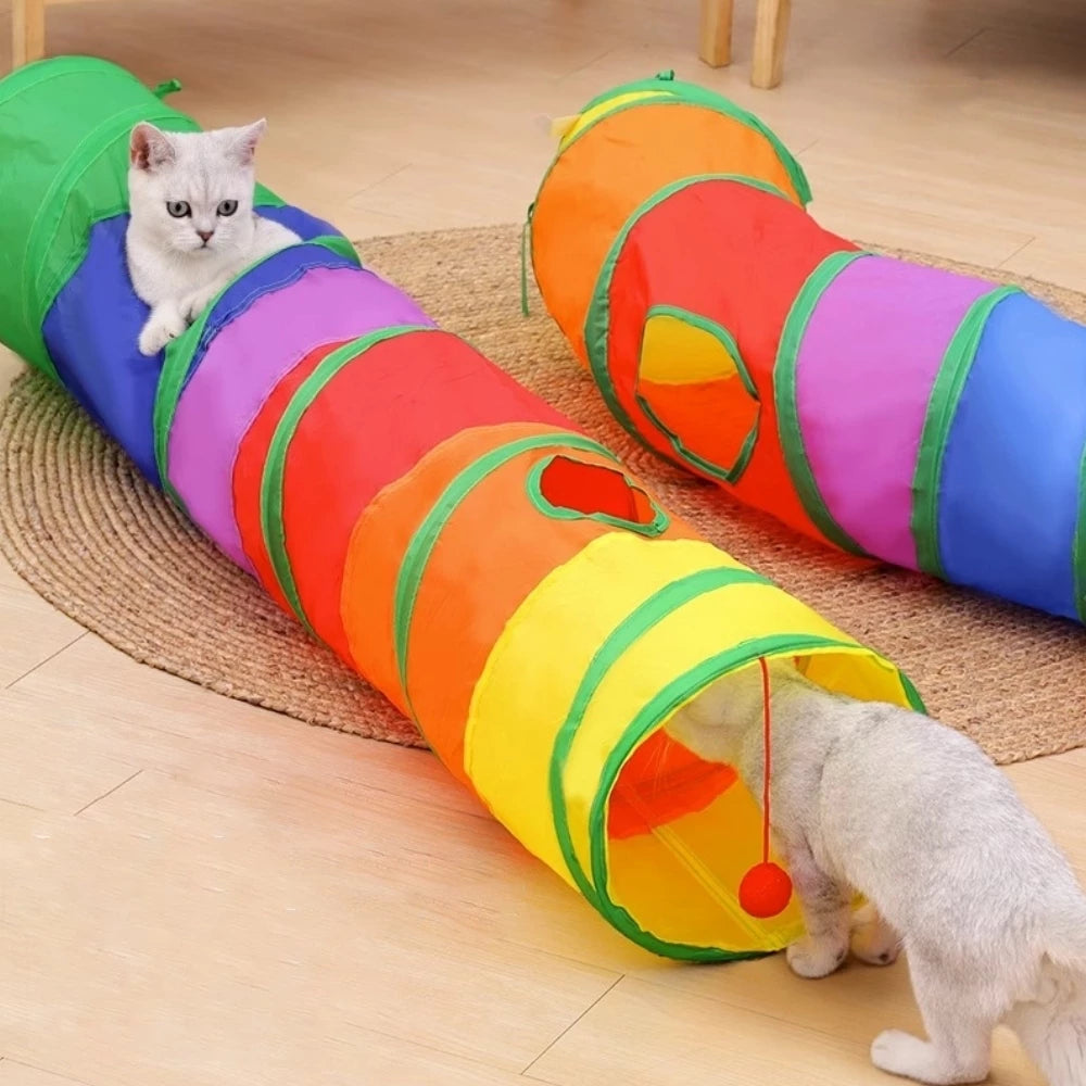 Dois gatos brincando em túnel labirinto dobrável e colorido da Decoricasa com aberturas e brinquedo pendurado