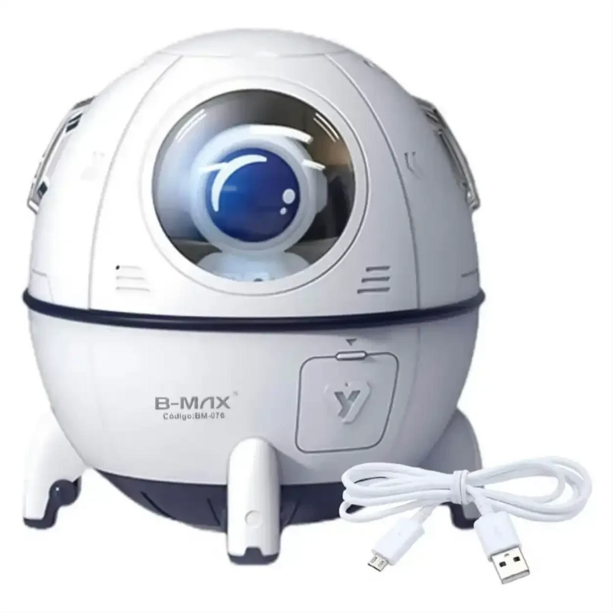Umidificador de ar Decoricasa modelo astronauta branco com luz LED, design de cápsula espacial e cabo USB incluso.