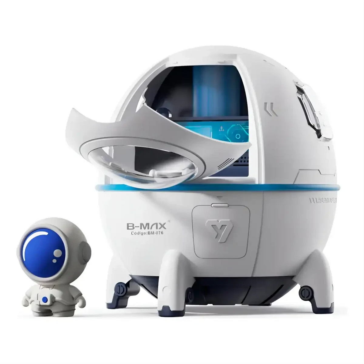Umidificador de ar Decoricasa em formato de cápsula espacial branca com boneco astronauta e luz LED colorida