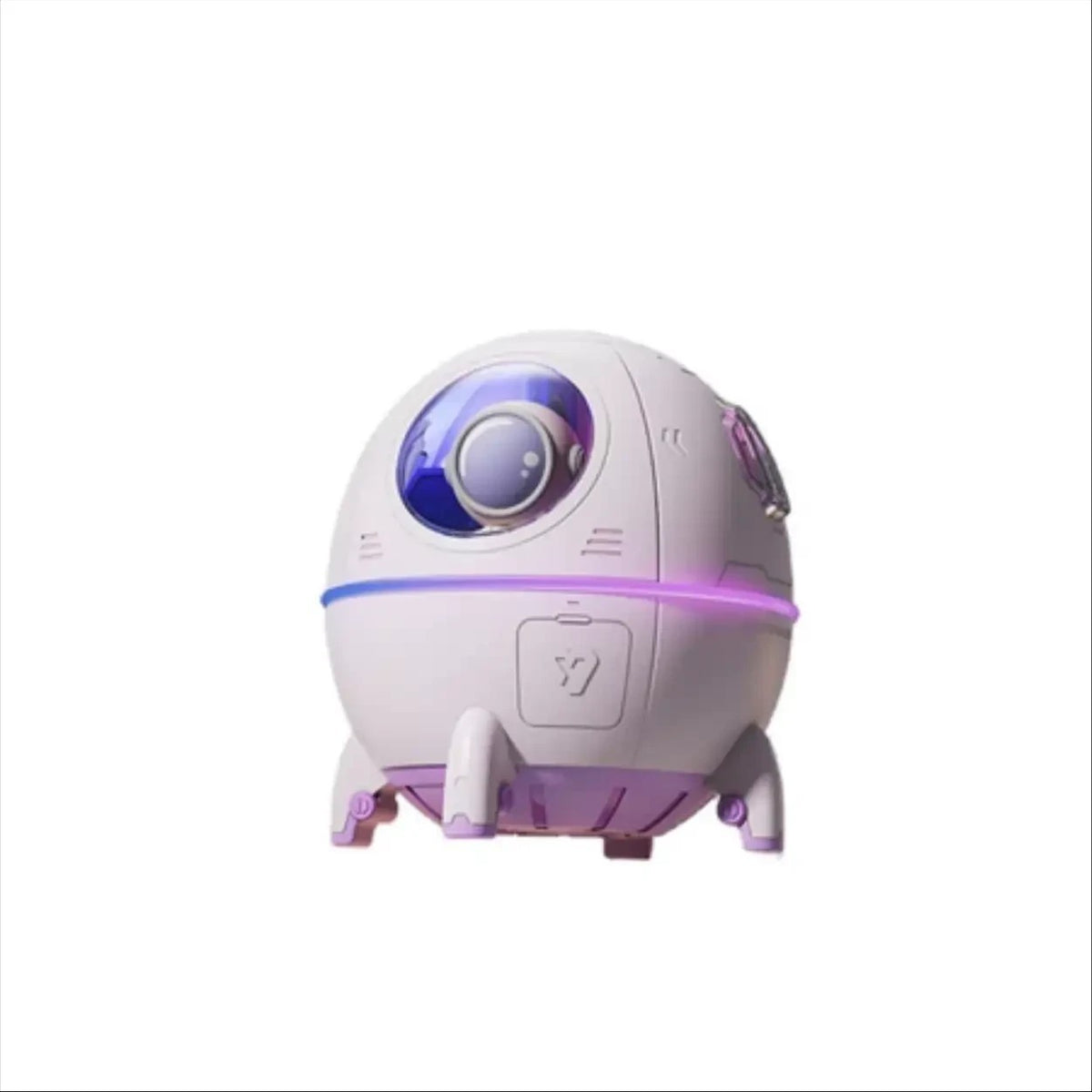 Umidificador de ar Decoricasa em formato de cápsula espacial com astronauta, luz LED colorida e design branco e lilás