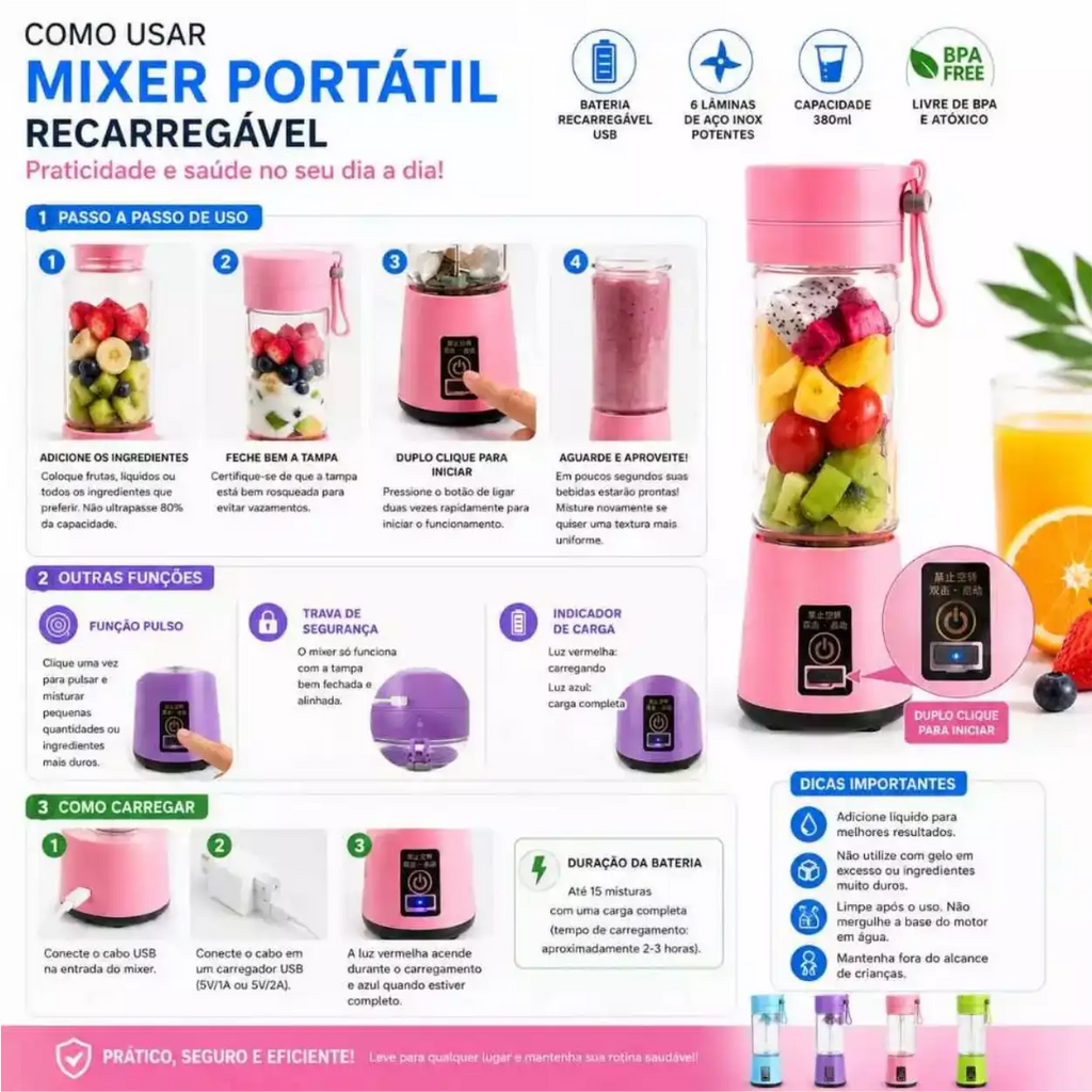 Liquidificador Portátil com 6 Lâminas e Carregamento USB