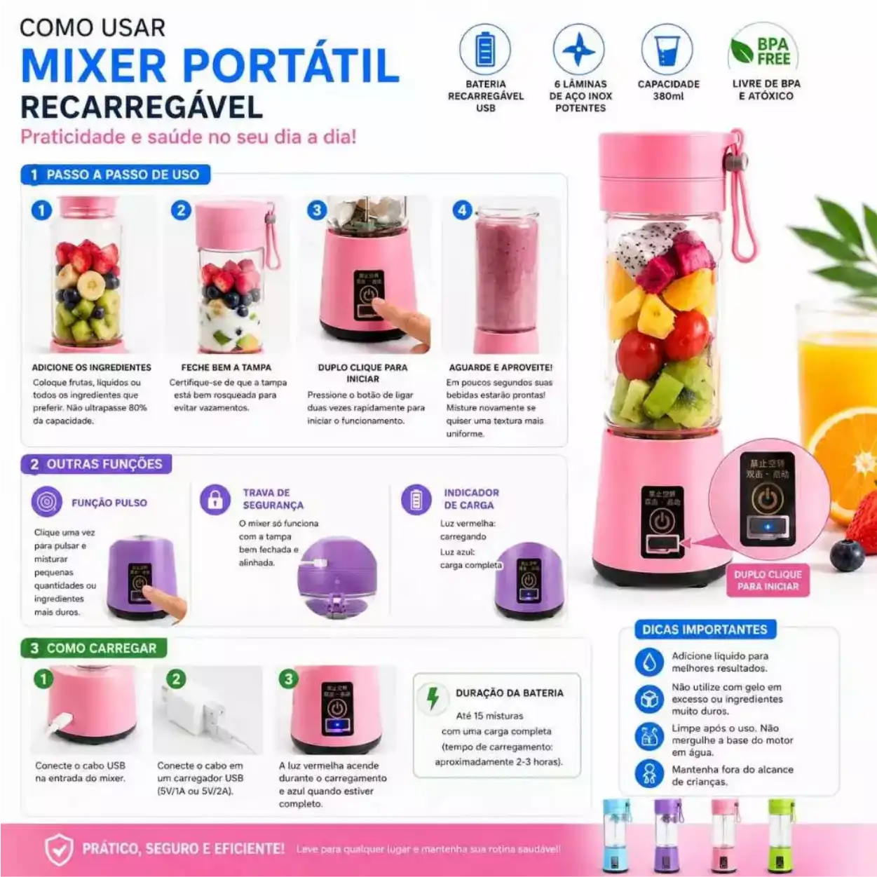 Liquidificador Portátil com 6 Lâminas e Carregamento USB