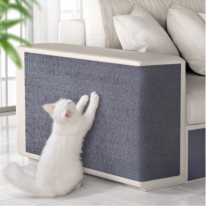 Protetor de sofá autoadesivo transparente Decoricasa aplicado na lateral de um sofá com um gato tentando arranhar