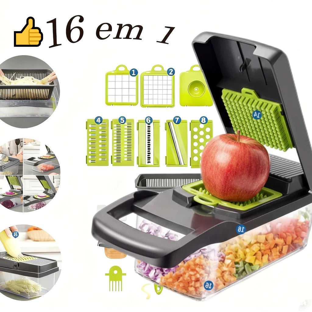 Cortador Multifuncional 16 em 1 com Lâminas Inox | Fatiador e Ralador para Legumes, Frutas e Vegetais